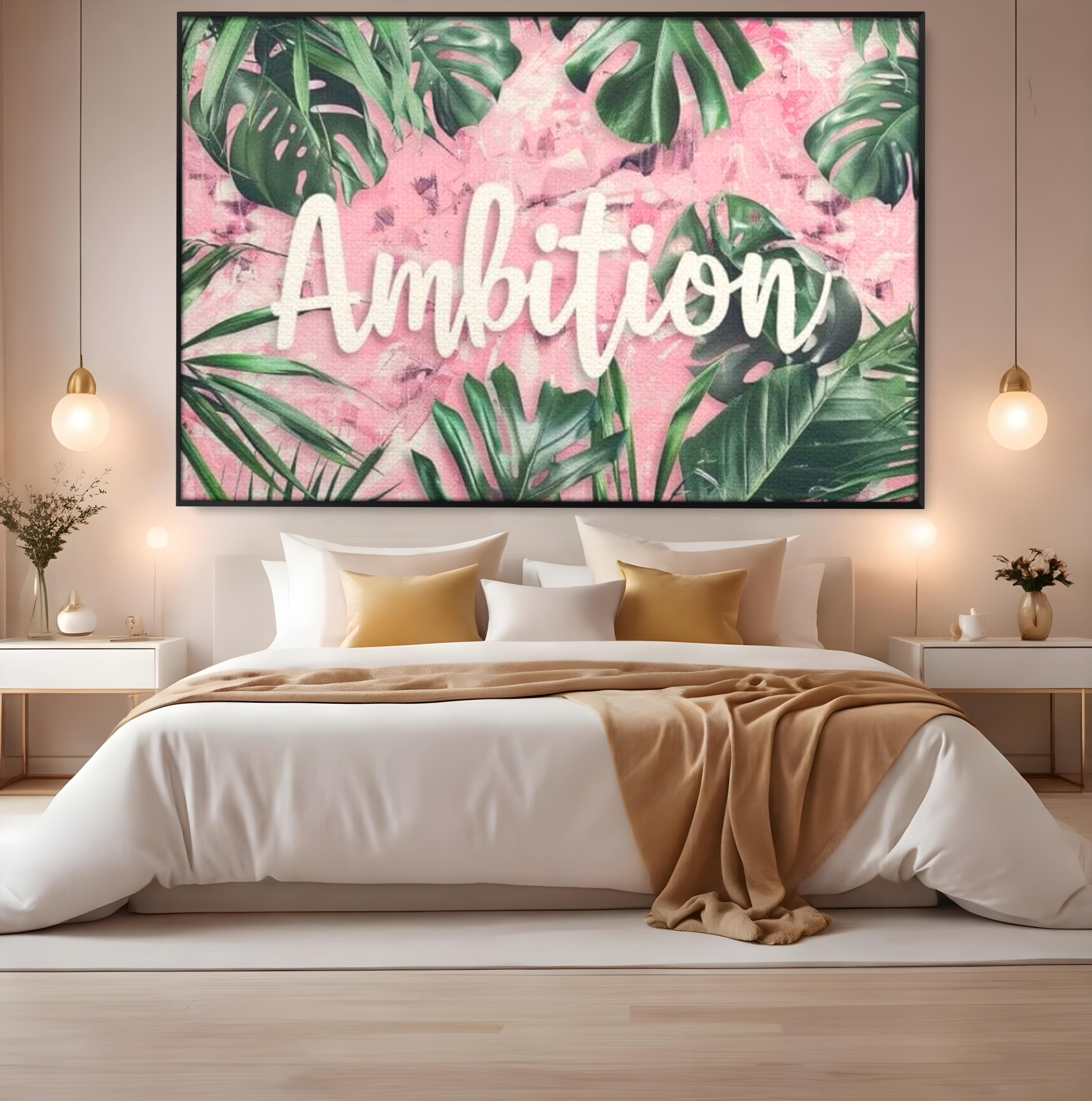 Tablou canvas cu tablou canvas cu frunze tropicale si text, in rama de aluminiu negru, pe perete intr-un dormitor